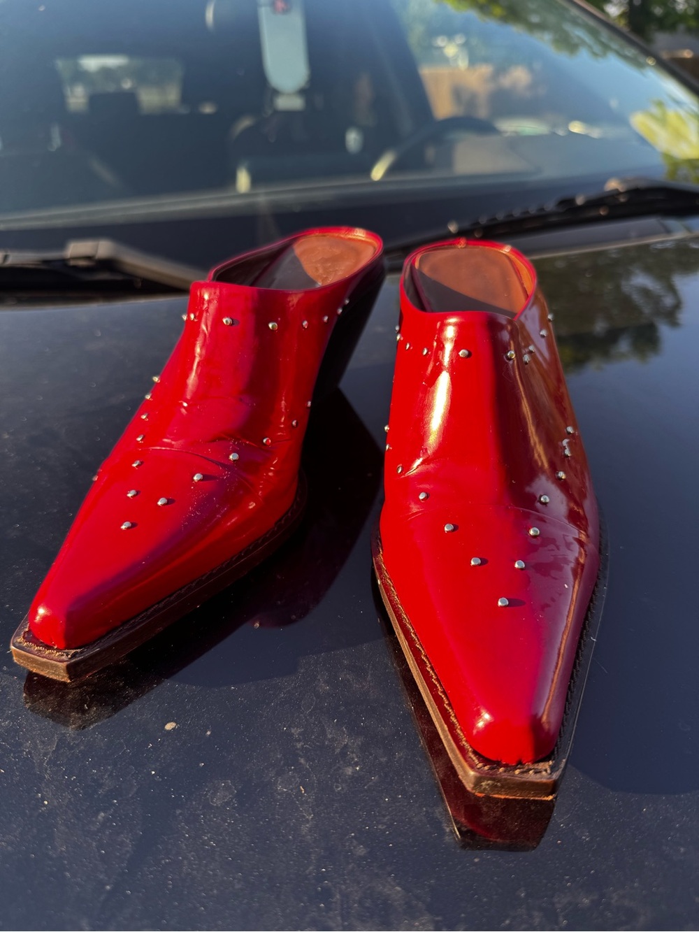 Red Studded Slip-On Pointed Mule Shoes